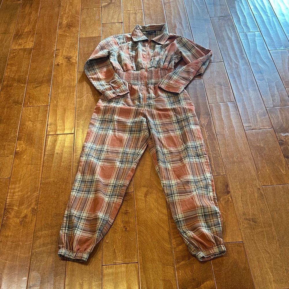 Plaid Women's Jumpsuit - Tan and Gray